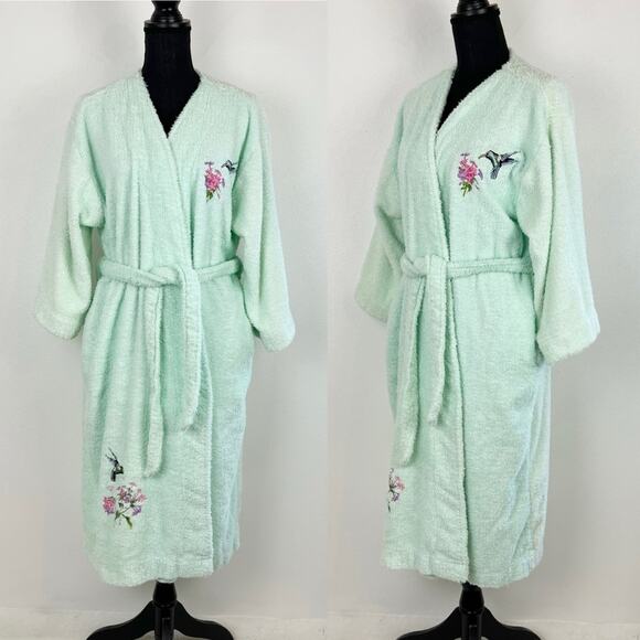 Vintage Blair Womens Terrycloth Robe Wrap Tie Embroider Hummingbird Mint Green - Picture 1 of 11